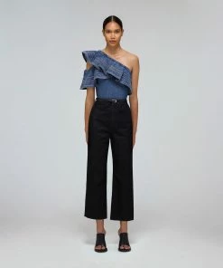 Self-portrait Blue Denim Asymmetric Frill Top