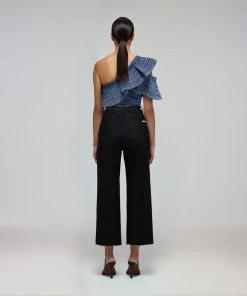 Self-portrait Blue Denim Asymmetric Frill Top