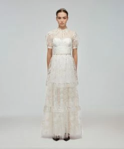 Self-portrait Ivory Blossom Sequin Tiered Maxi Dress READY TO WEAR