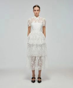 Self-portrait READY TO WEAR White Guipure Lace Tiered Midi Dress