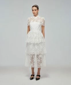 Self-portrait READY TO WEAR White Guipure Lace Tiered Midi Dress