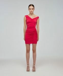 Self-portrait Fuchsia Jersey Gathered Asymmetric Mini Dress READY TO WEAR