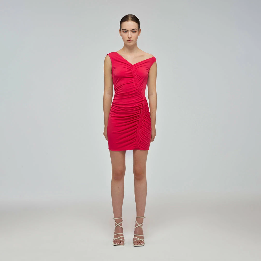 Self-portrait Fuchsia Jersey Gathered Asymmetric Mini Dress READY TO WEAR