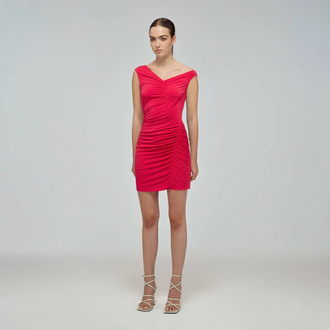 Self-portrait Fuchsia Jersey Gathered Asymmetric Mini Dress READY TO WEAR