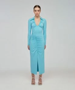 Self-portrait Tropical Blue Jersey Gathered Midi Dress READY TO WEAR