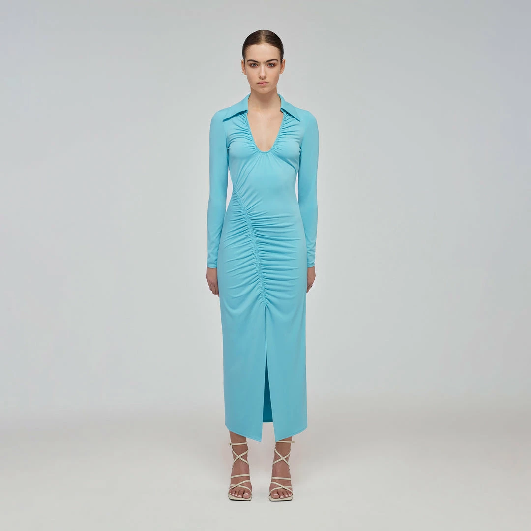 Self-portrait Tropical Blue Jersey Gathered Midi Dress READY TO WEAR