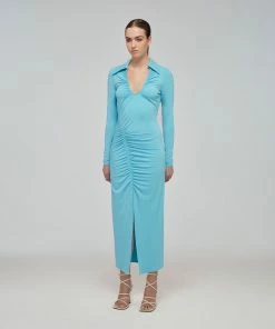 Self-portrait Tropical Blue Jersey Gathered Midi Dress READY TO WEAR
