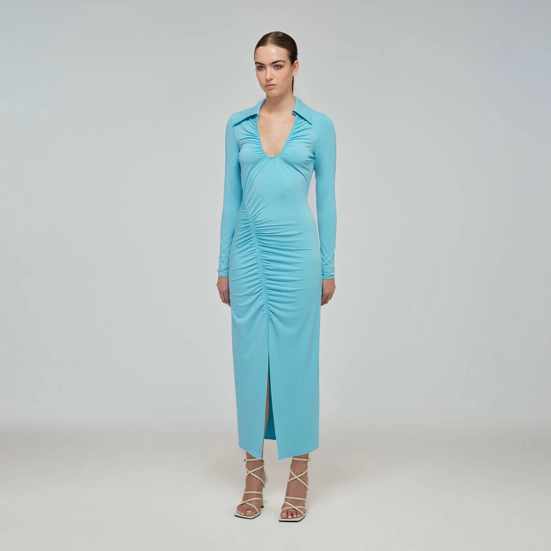 Self-portrait Tropical Blue Jersey Gathered Midi Dress READY TO WEAR