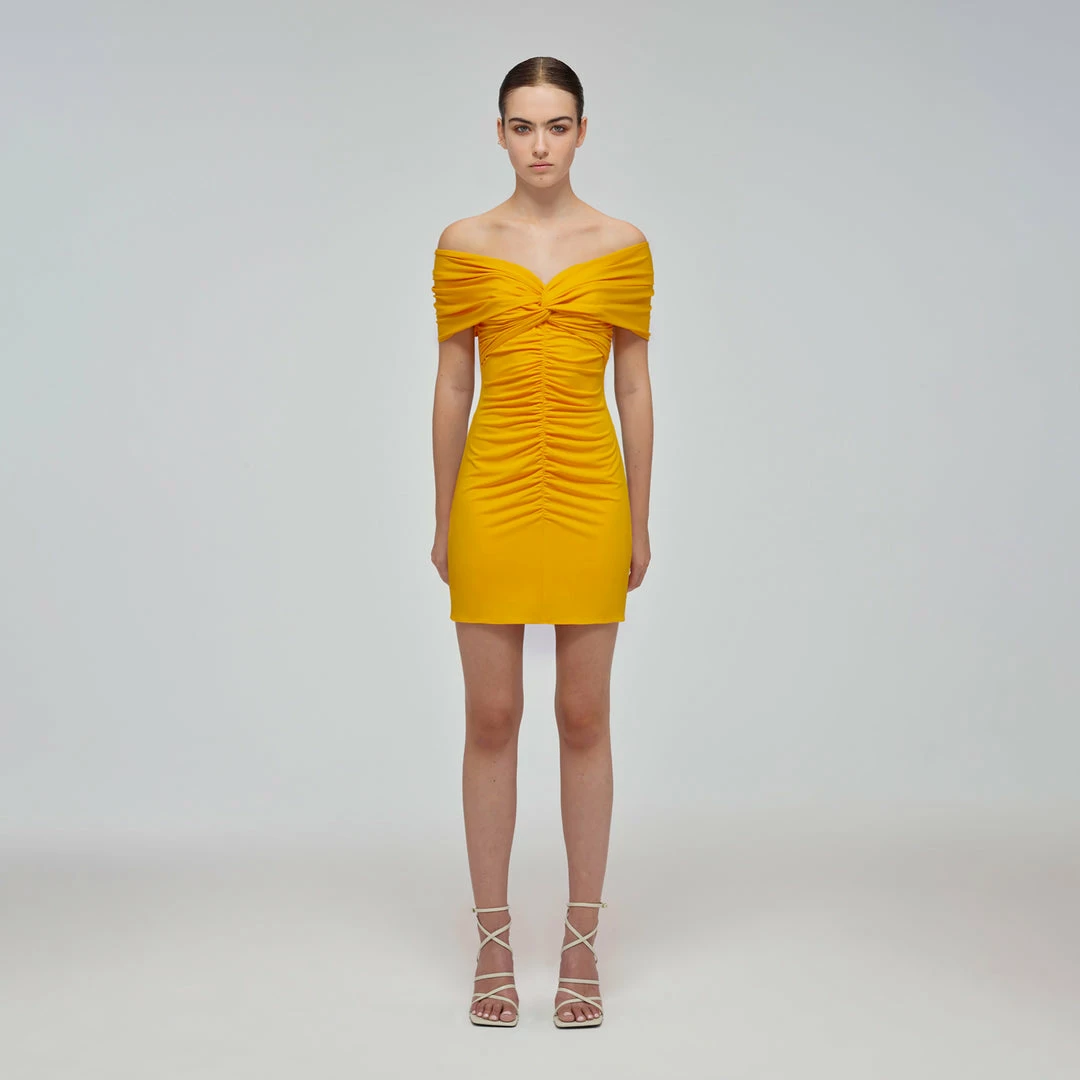 Self-portrait Canary Yellow Jersey Off-Shoulder Mini Dress