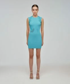 Self-portrait Tropical Blue Inserted Lace Knit Dress