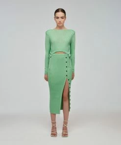 Self-portrait READY TO WEAR Spearmint Ribbed Knit Midi Dress
