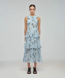 Self-portrait READY TO WEAR Blue Floral Silhouette Chiffon Crossover Midi Dress