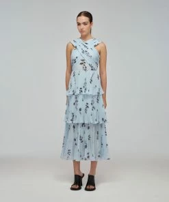 Self-portrait READY TO WEAR Blue Floral Silhouette Chiffon Crossover Midi Dress