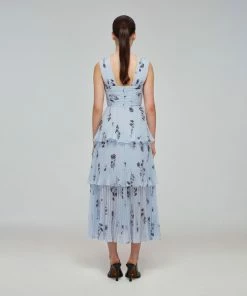 Self-portrait READY TO WEAR Blue Floral Silhouette Chiffon Crossover Midi Dress