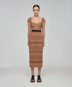 Self-portrait Tan Dot Mesh Shirred Midi Dress READY TO WEAR