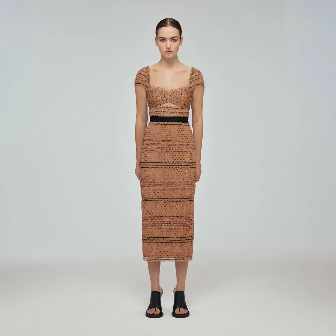 Self-portrait Tan Dot Mesh Shirred Midi Dress READY TO WEAR