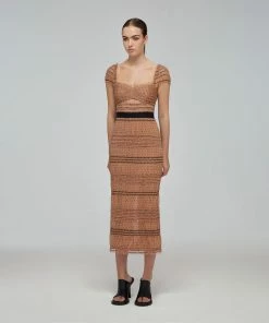 Self-portrait Tan Dot Mesh Shirred Midi Dress READY TO WEAR
