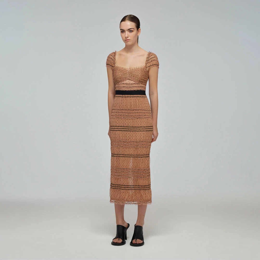 Self-portrait Tan Dot Mesh Shirred Midi Dress READY TO WEAR