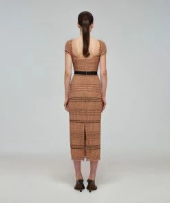 Self-portrait Tan Dot Mesh Shirred Midi Dress READY TO WEAR