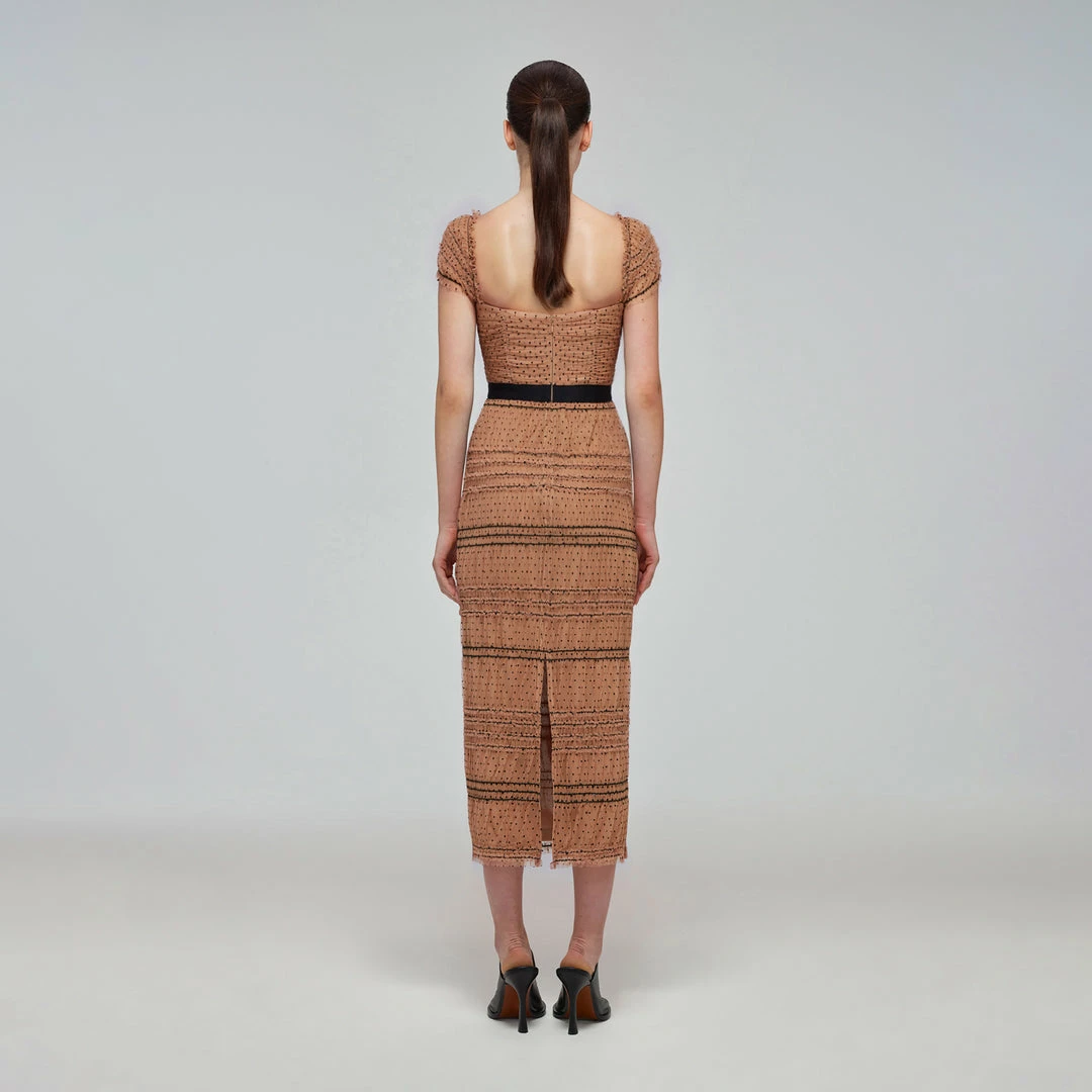 Self-portrait Tan Dot Mesh Shirred Midi Dress READY TO WEAR