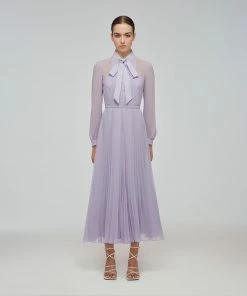 Self-portrait Lilac Chiffon Pussy Bow Dress READY TO WEAR