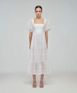 Self-portrait Mixed Broderie Puff Sleeve Midi Dress