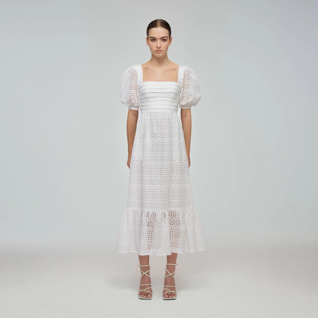 Self-portrait Mixed Broderie Puff Sleeve Midi Dress