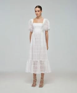 Self-portrait Mixed Broderie Puff Sleeve Midi Dress