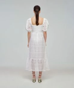 Self-portrait Mixed Broderie Puff Sleeve Midi Dress
