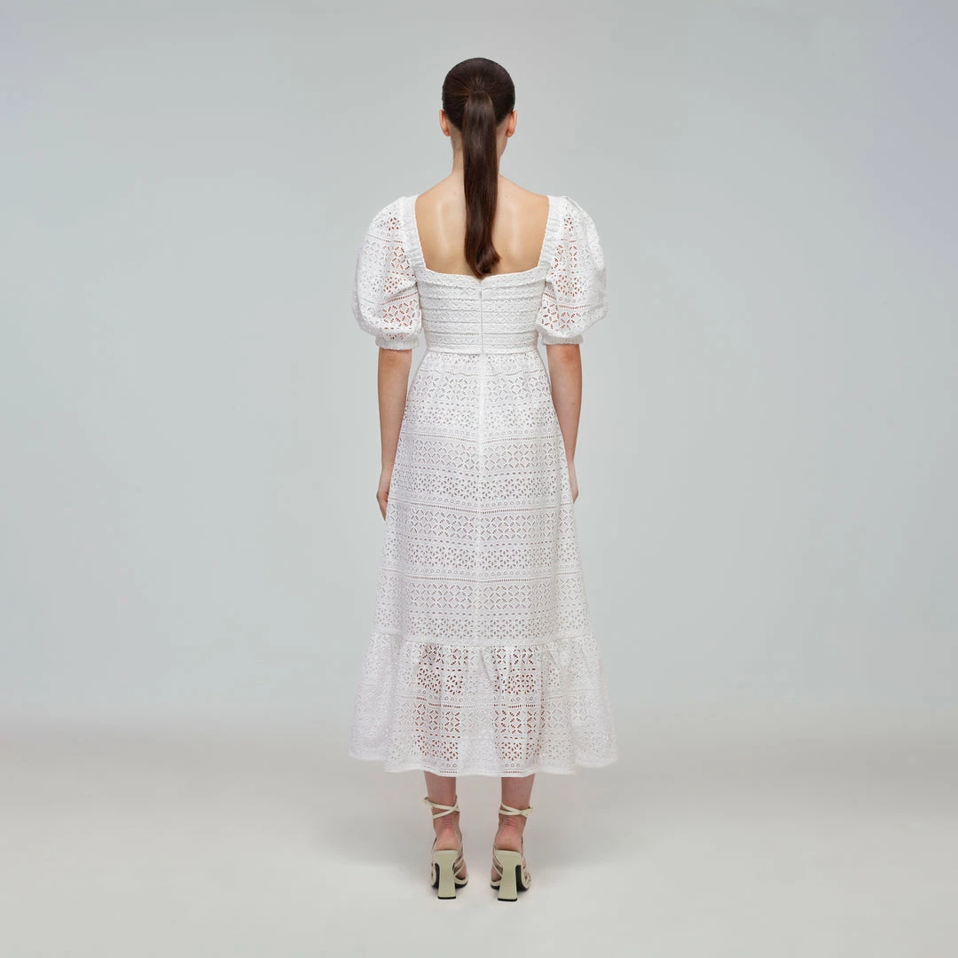 Self-portrait Mixed Broderie Puff Sleeve Midi Dress