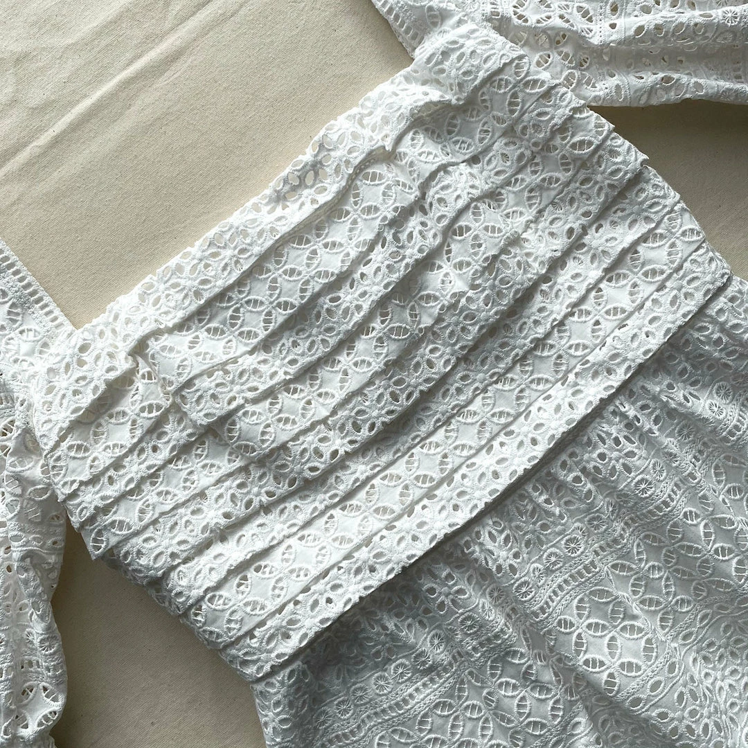 Self-portrait Mixed Broderie Puff Sleeve Midi Dress