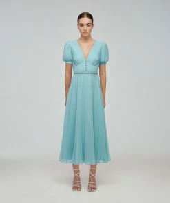 Self-portrait NEW ARRIVALS Blue Chiffon Diamante Button Midi Dress