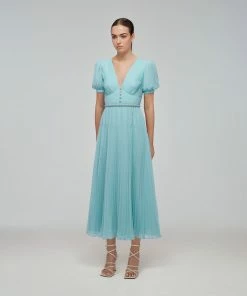 Self-portrait NEW ARRIVALS Blue Chiffon Diamante Button Midi Dress
