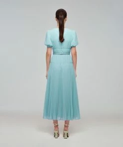 Self-portrait NEW ARRIVALS Blue Chiffon Diamante Button Midi Dress