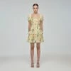 Self-portrait Yellow Floral Silhouette Chiffon Tiered Mini Dress READY TO WEAR