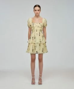 Self-portrait Yellow Floral Silhouette Chiffon Tiered Mini Dress READY TO WEAR