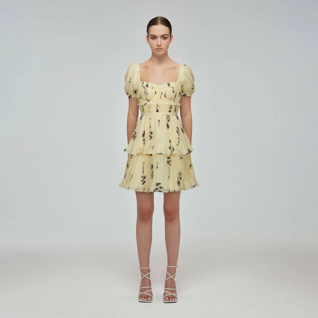 Self-portrait Yellow Floral Silhouette Chiffon Tiered Mini Dress READY TO WEAR