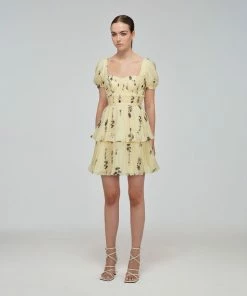 Self-portrait Yellow Floral Silhouette Chiffon Tiered Mini Dress READY TO WEAR