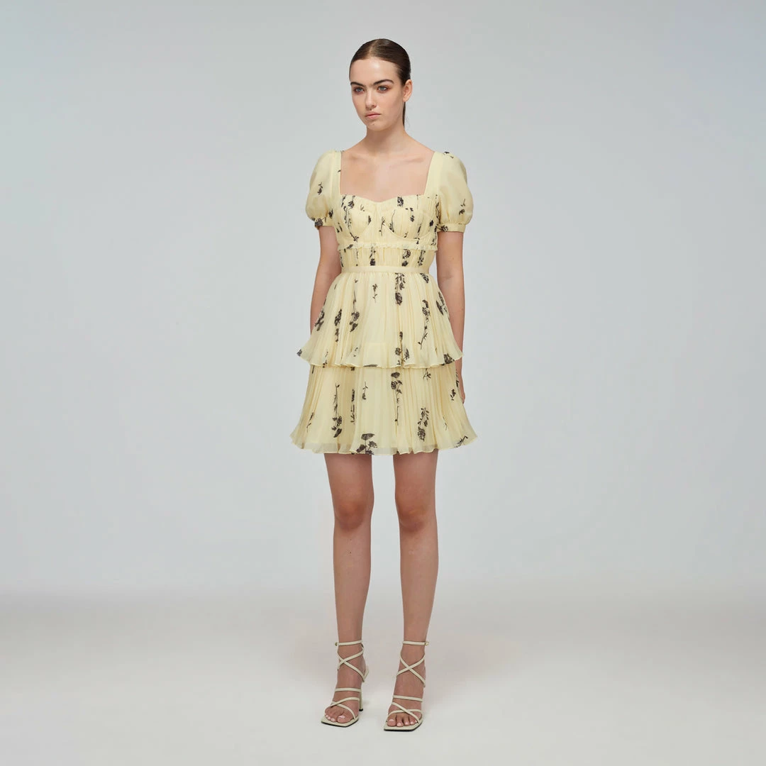 Self-portrait Yellow Floral Silhouette Chiffon Tiered Mini Dress READY TO WEAR
