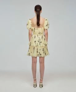Self-portrait Yellow Floral Silhouette Chiffon Tiered Mini Dress READY TO WEAR