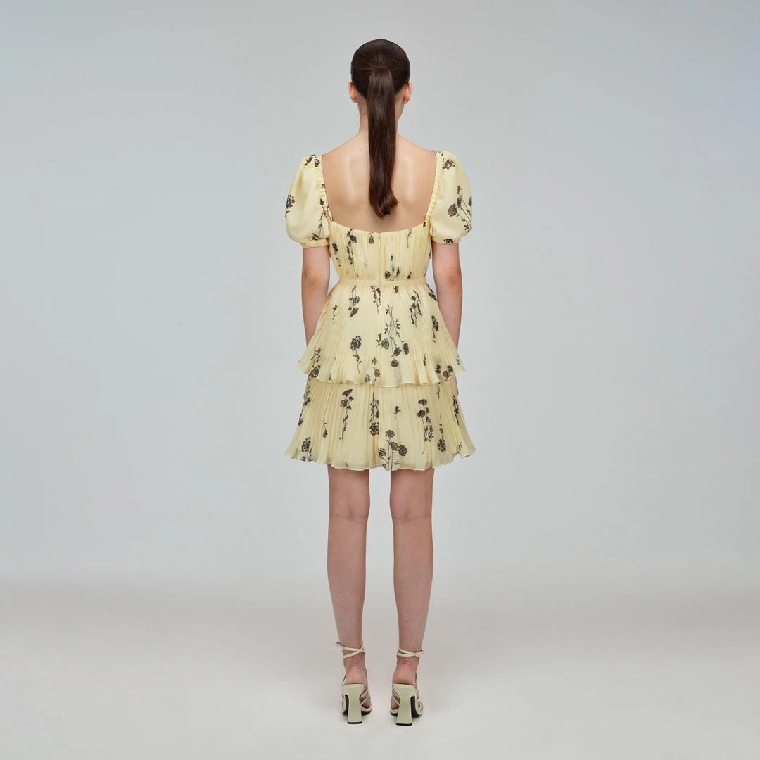 Self-portrait Yellow Floral Silhouette Chiffon Tiered Mini Dress READY TO WEAR
