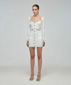 Self-portrait READY TO WEAR White Inserted Lace Ribbed Knit Mini Dress