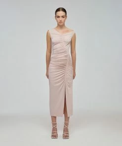 Self-portrait READY TO WEAR Taupe Jersey Gathered Asymmetric Midi Dress