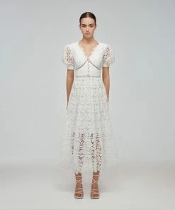 Self-portrait White Floral Guipure Lace V-Neck Midi Dress