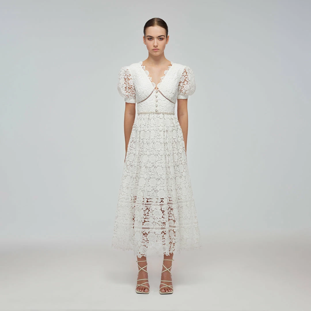 Self-portrait White Floral Guipure Lace V-Neck Midi Dress