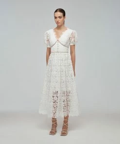 Self-portrait White Floral Guipure Lace V-Neck Midi Dress