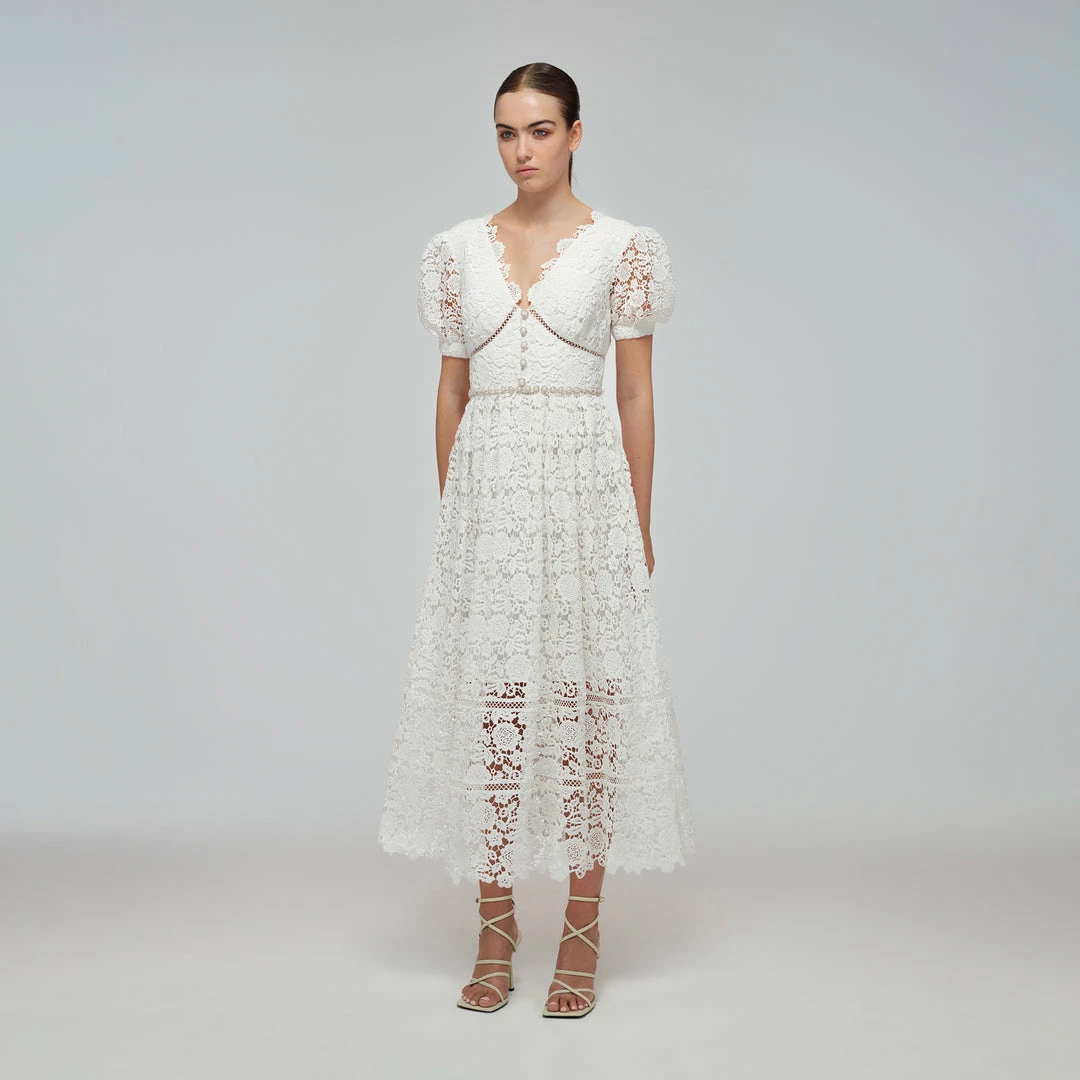 Self-portrait White Floral Guipure Lace V-Neck Midi Dress