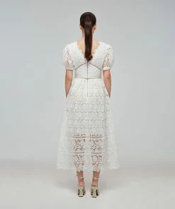 Self-portrait White Floral Guipure Lace V-Neck Midi Dress