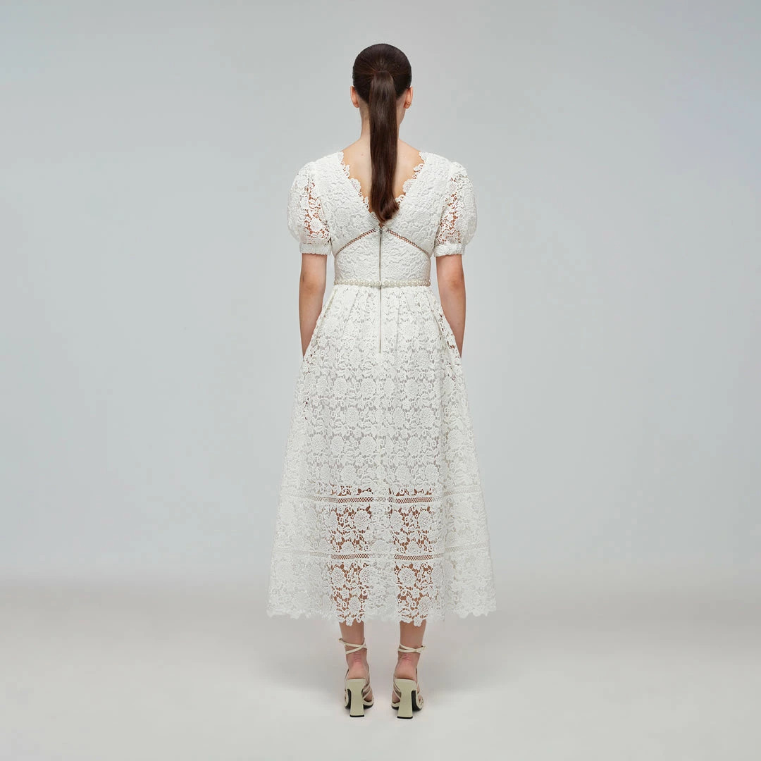 Self-portrait White Floral Guipure Lace V-Neck Midi Dress