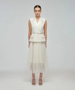 Self-portrait Ivory Sleeveless Corded Lace Tailored Midi Dress